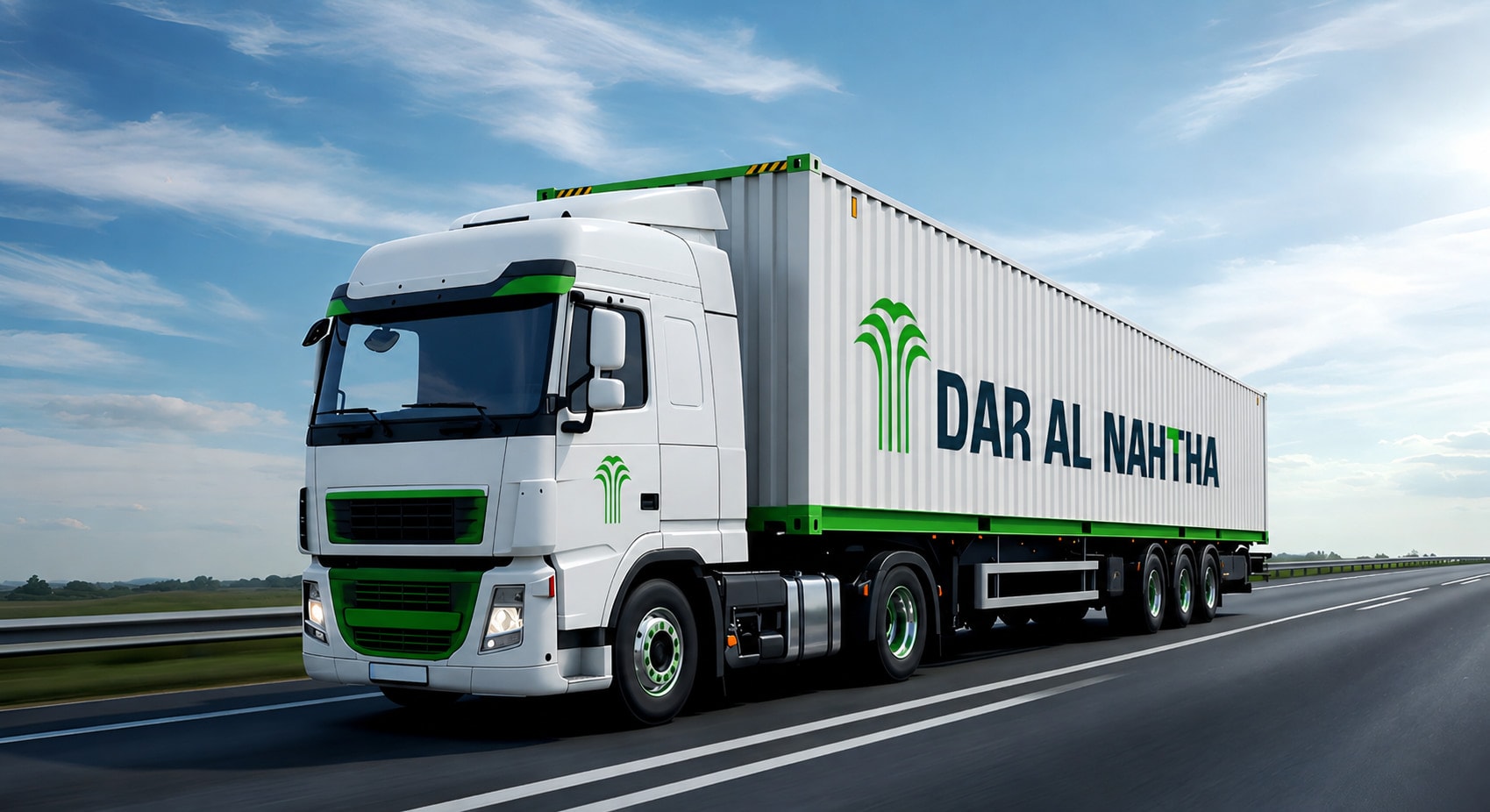 A white Dar Al Nahtha truck and container on a highway