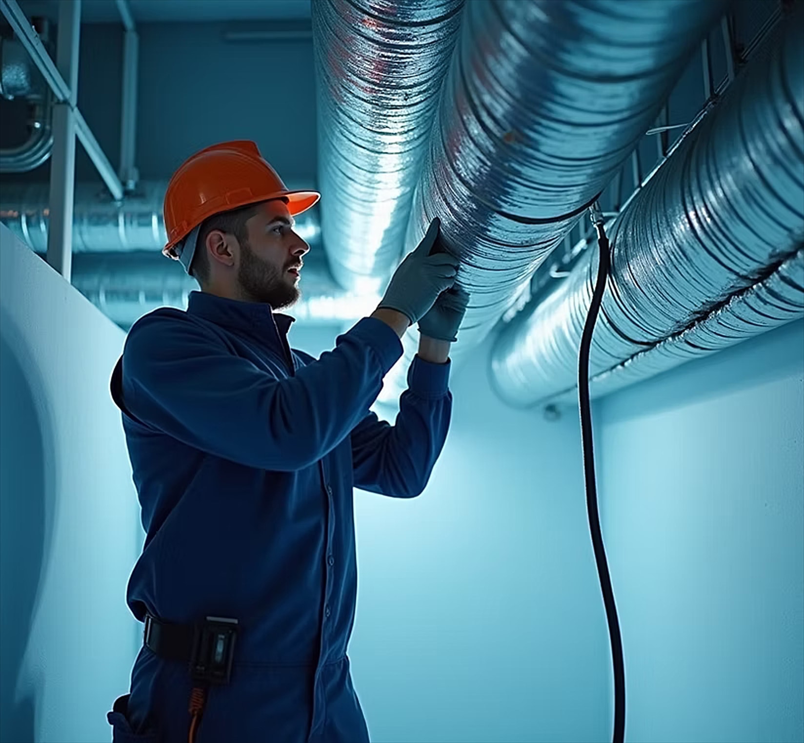 A technician in a hard hat installing ventilation ducts