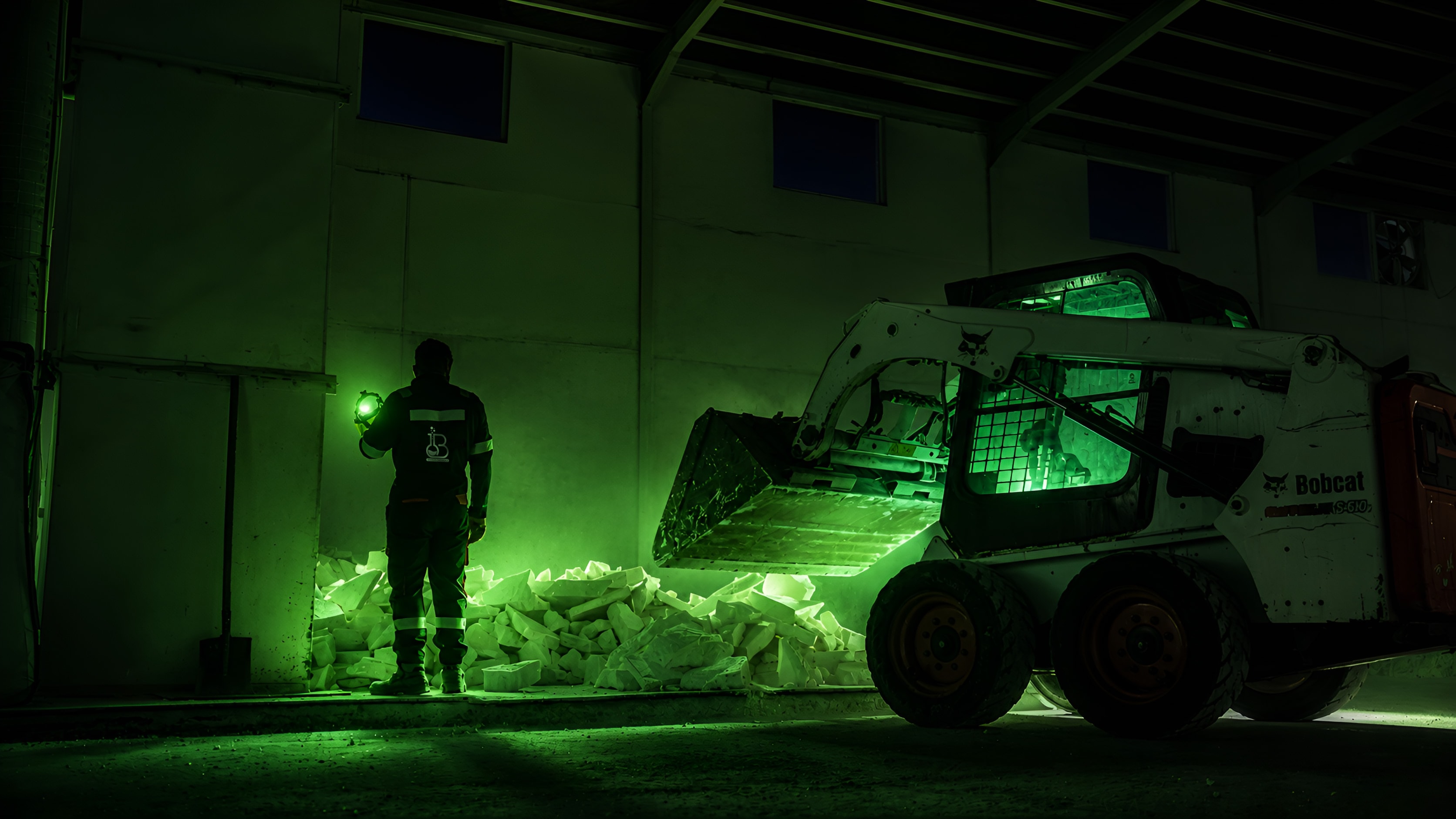 A worker and a skid-steer loader in a warehouse at night