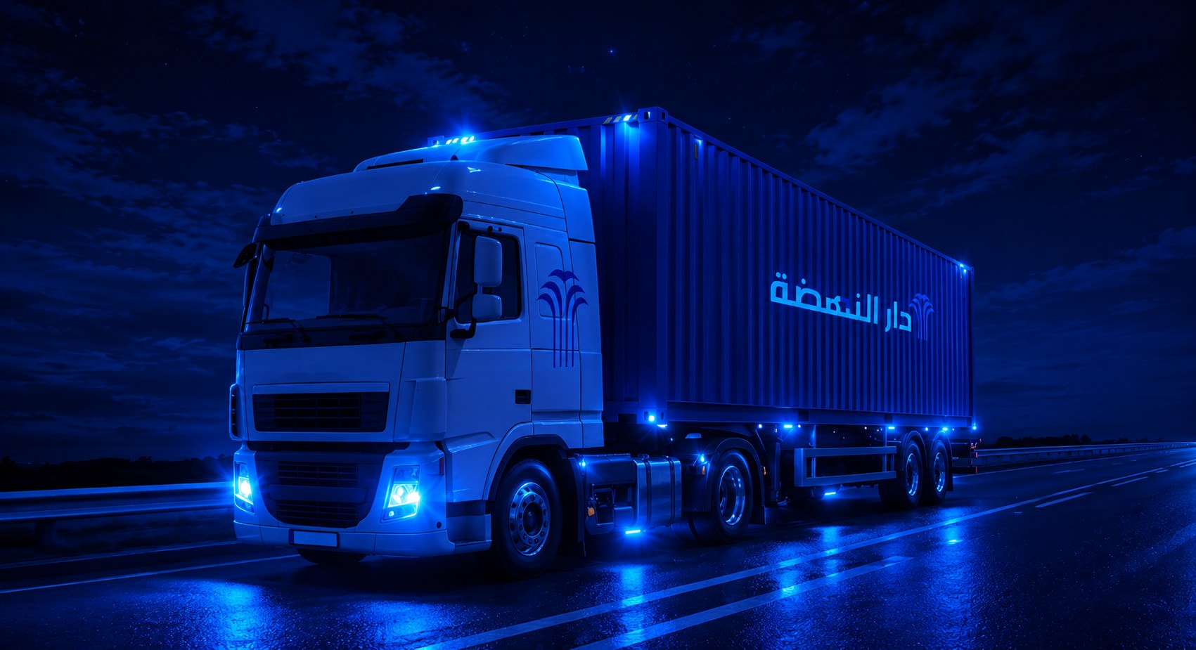 A freight truck with a container on a highway at night