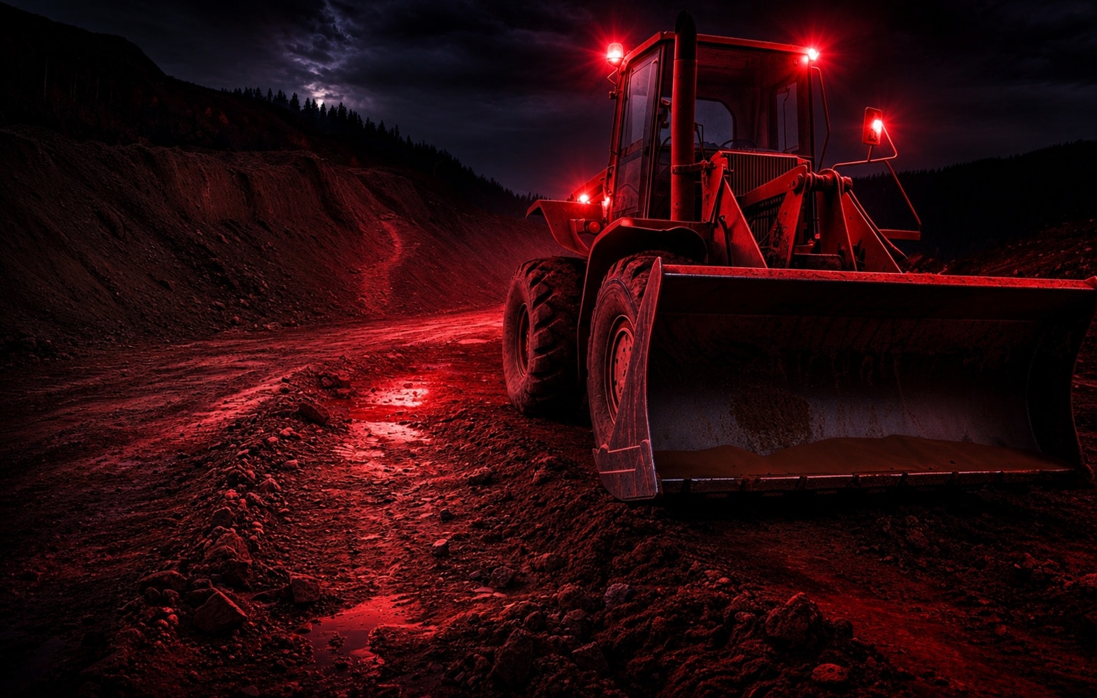 A wheel loader on a dirt road under red light