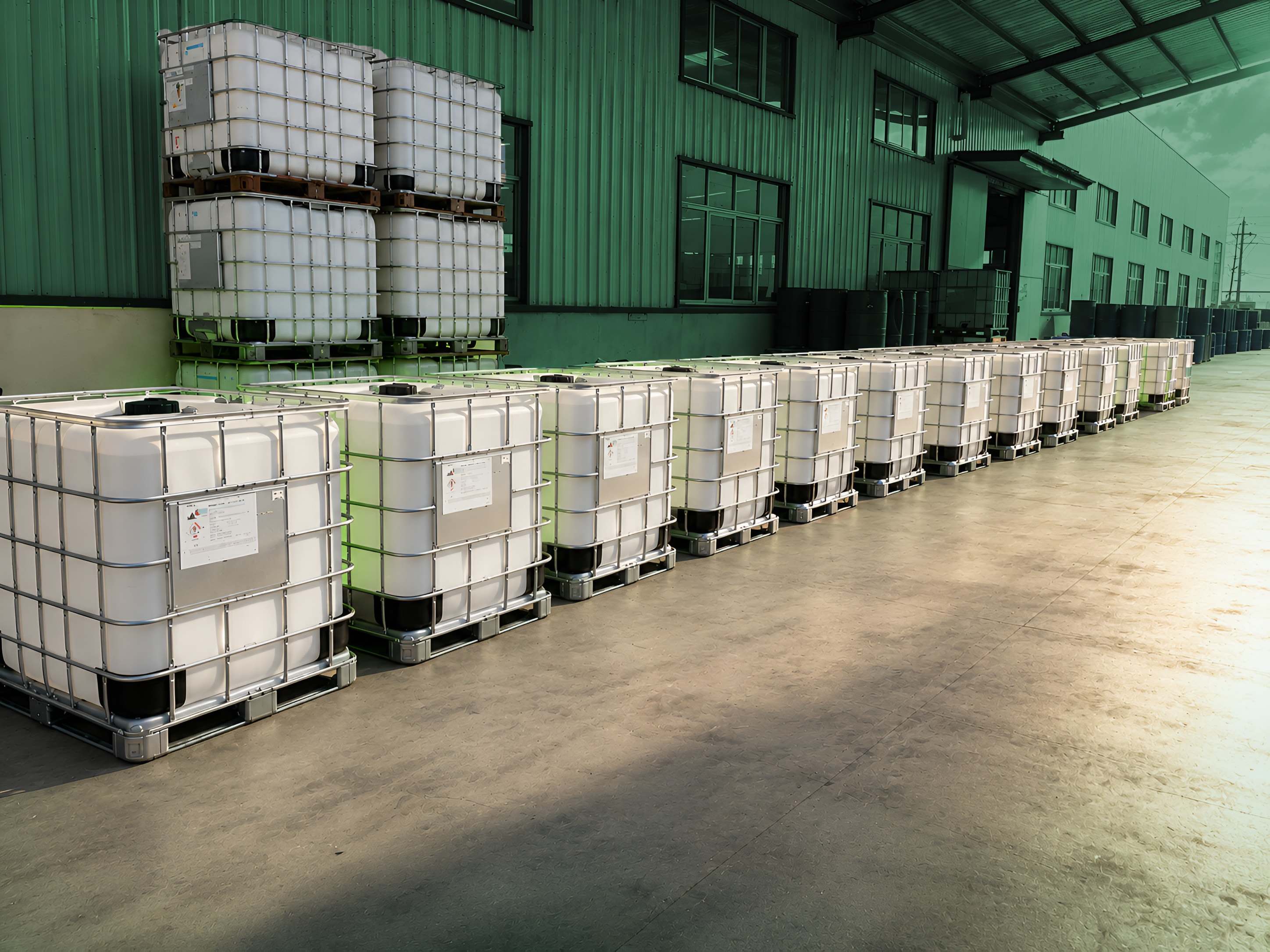 Rows of IBC tanks on pallets along the warehouse floor