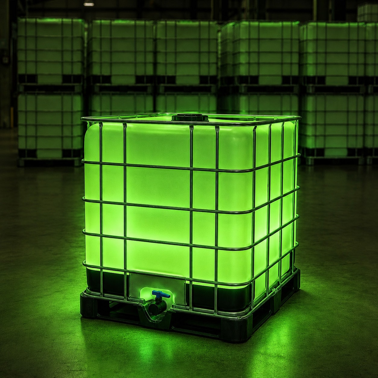 An IBC tank of poly-aluminium chloride glowing green in the warehouse