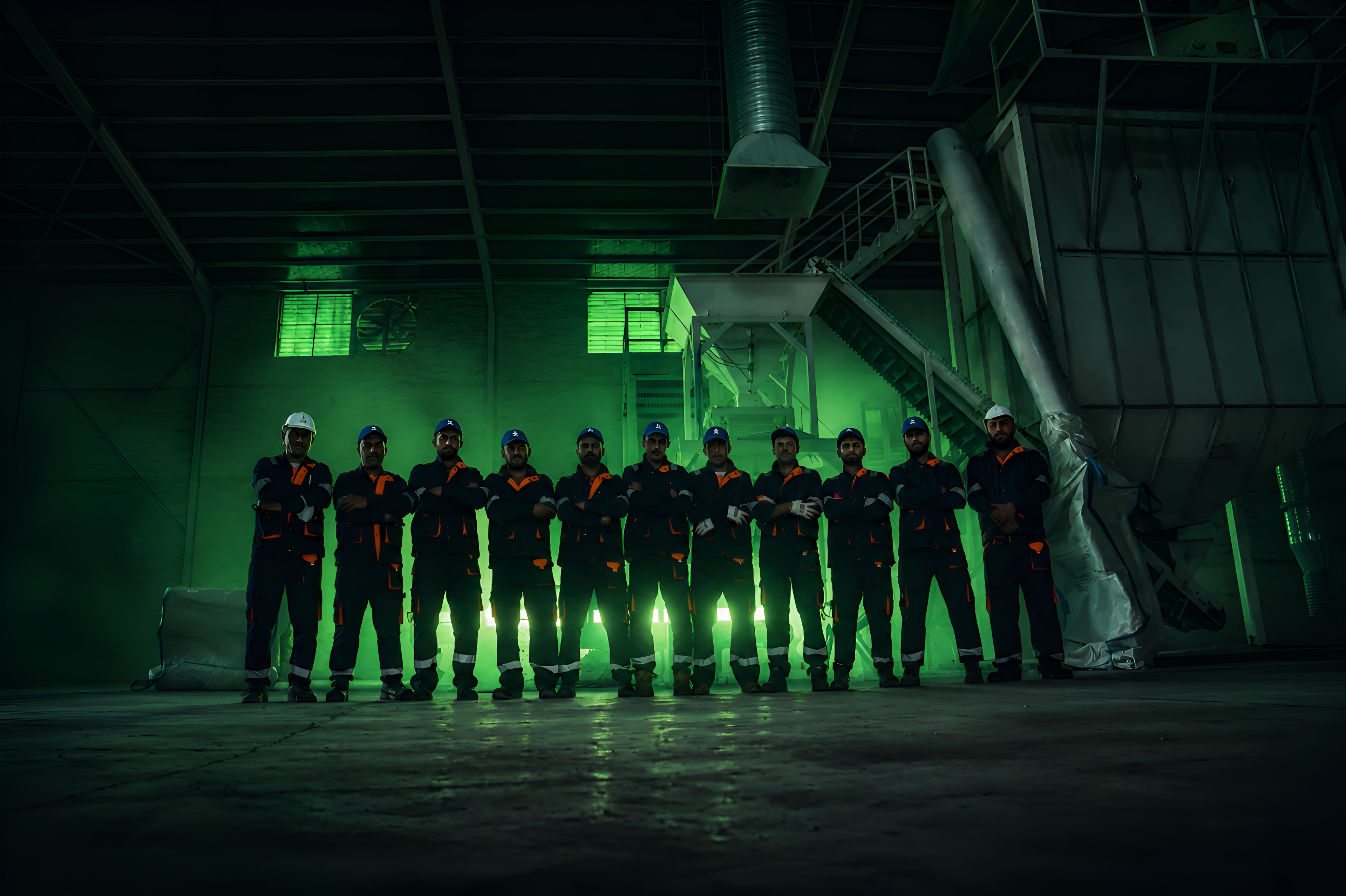 The Bahadin Chemicals team in a line on the factory floor, lit green