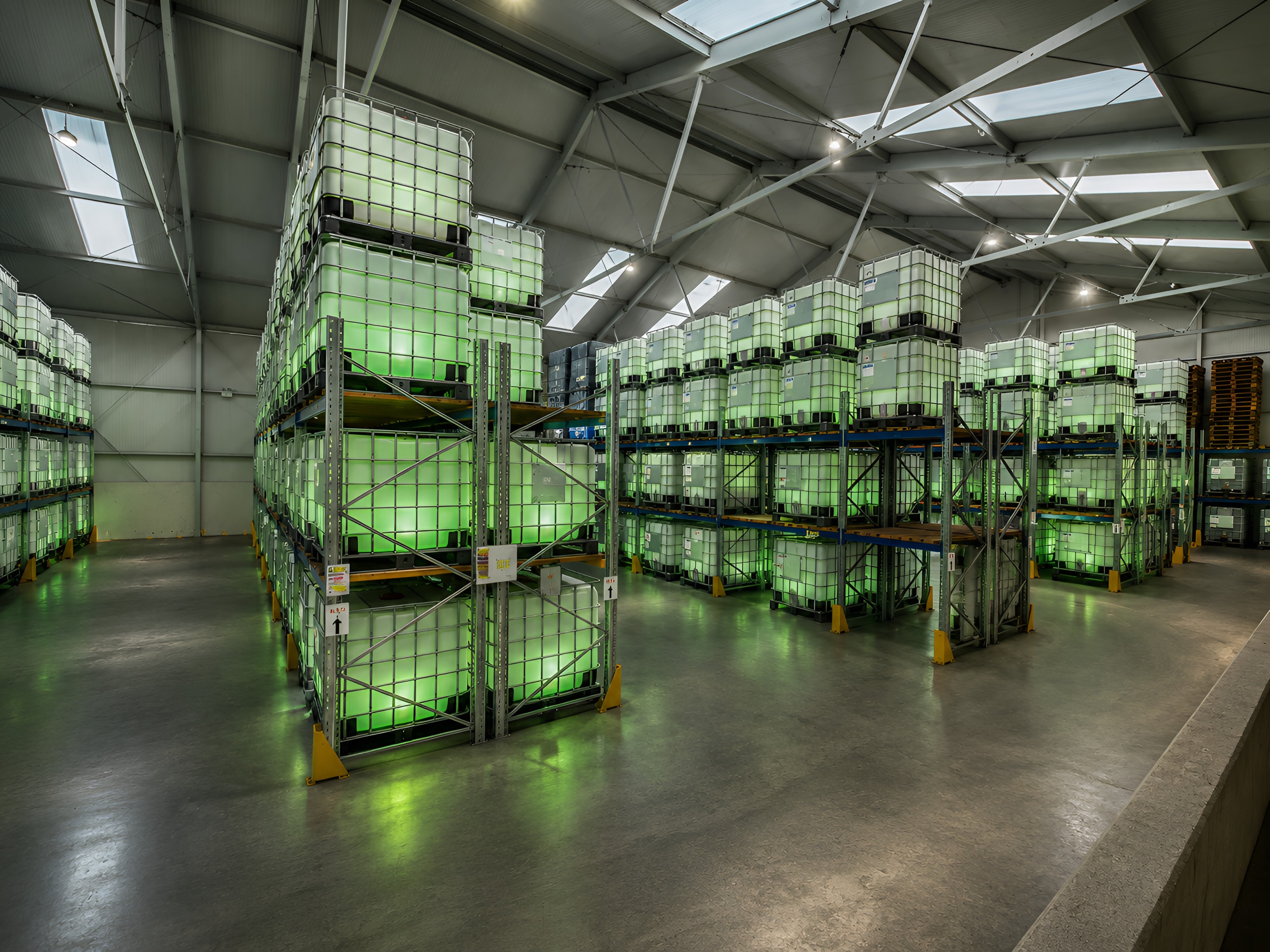 Racks of IBC tanks of PAC, lit green, in the warehouse