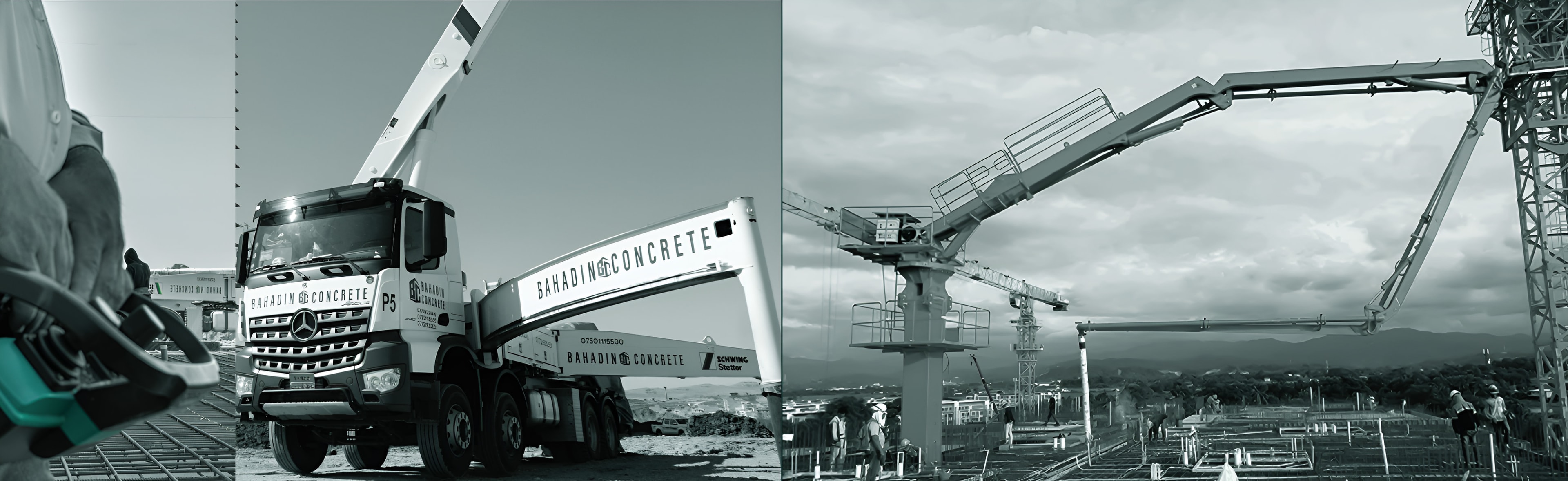 A Bahadin Concrete pump truck with its boom raised, and a boom pump placing concrete on a slab