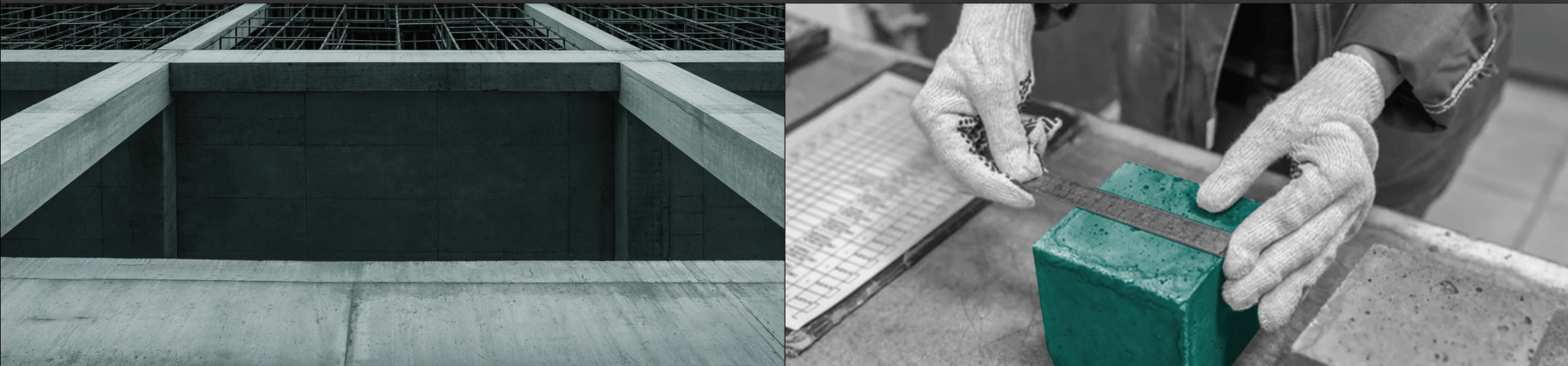 A concrete frame seen from below, and gloved hands measuring a concrete test cube